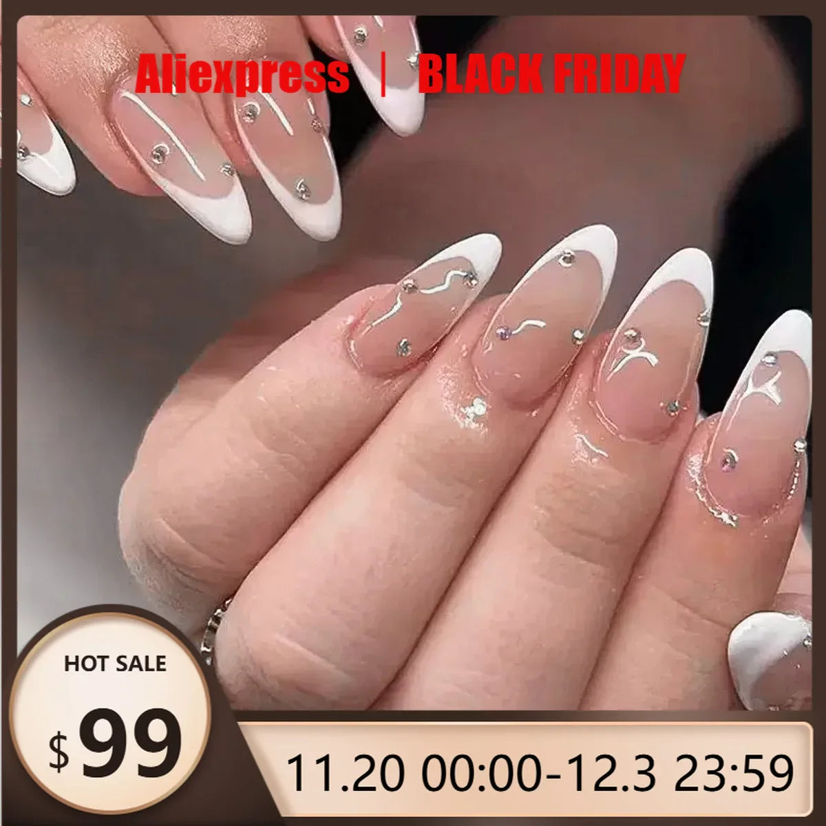24pcs Simple French White Patchwork Fake Nails Sparkling Diamond Full Cover Almond Press on Nails Nail Tip
