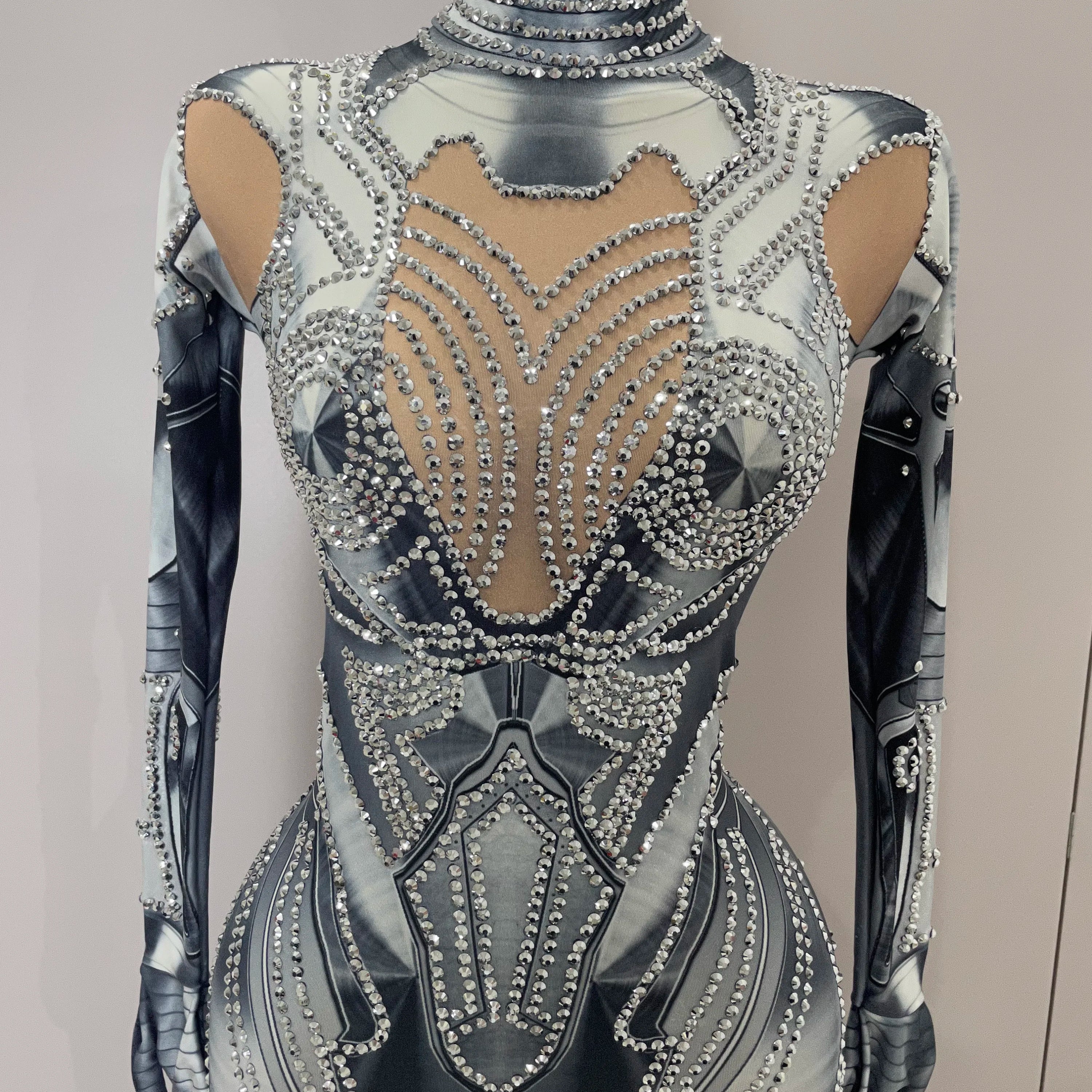 Novo macacão feminino sexy com strass estampado, skinny, para performance em rua, bar, clube, show, palco, moda 2025