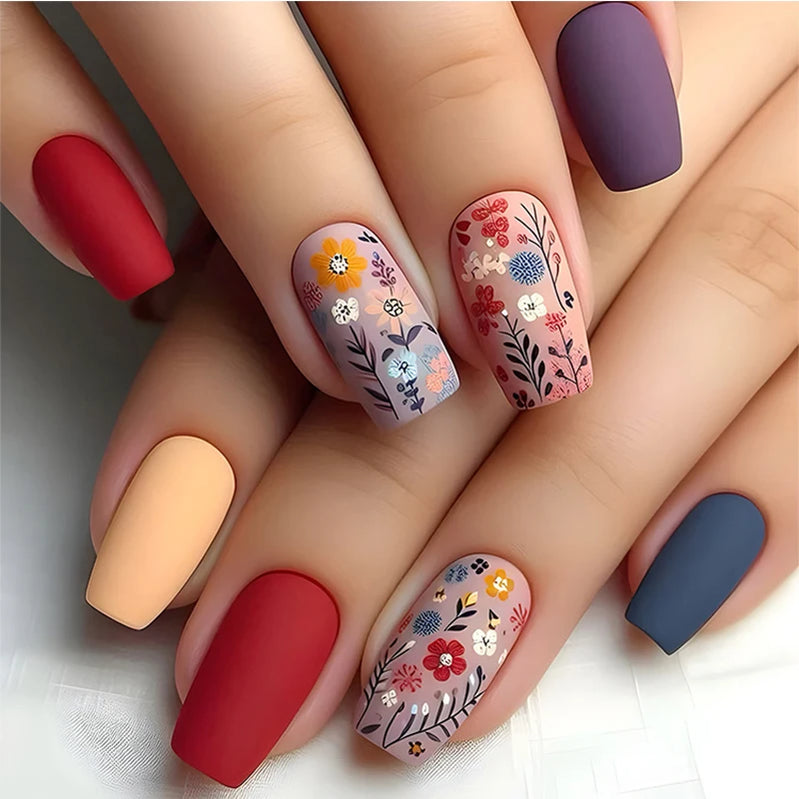 24pcs/set Meduim long fake nails for women peach flowers heart for Spring summer Square faux ongles press on false nail art tips