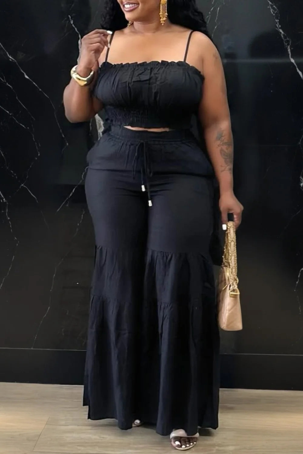 Plus Size Vacation Orange Casual Smocking Two Piece Pant Sets