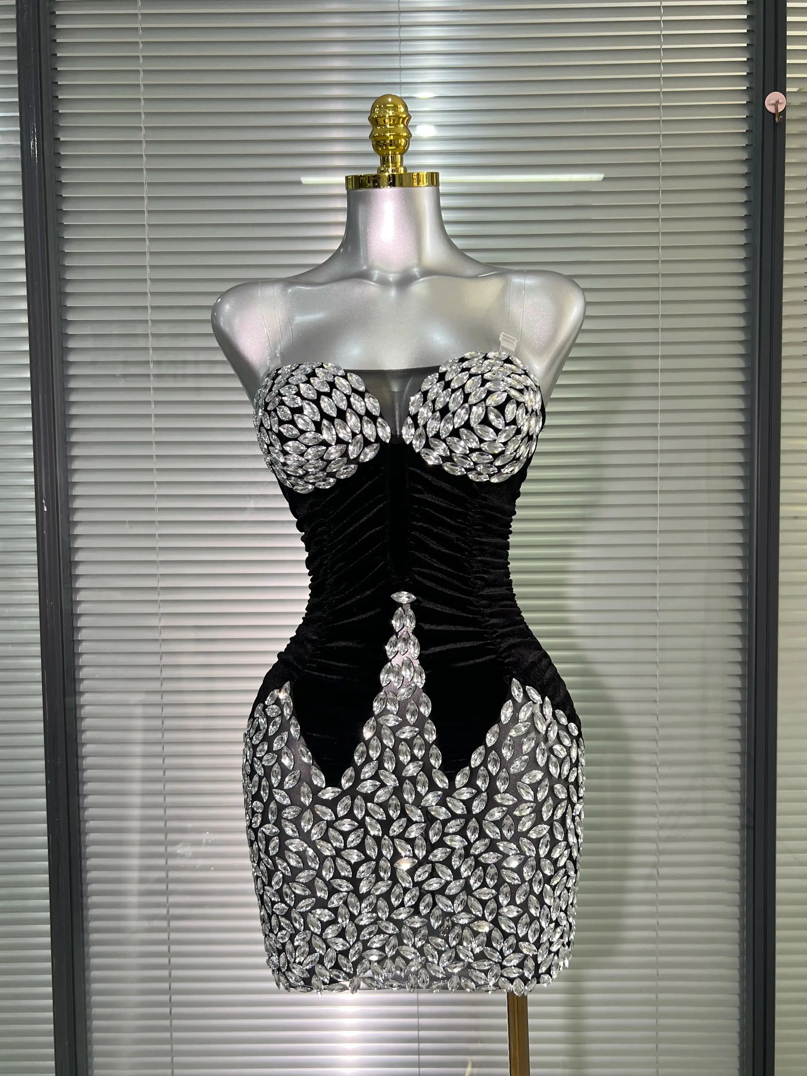 Women Sexy Mesh Crystal Diamonds Black Costume Stage Dancer Stretchy Night Club Strapless Mini Party Dress