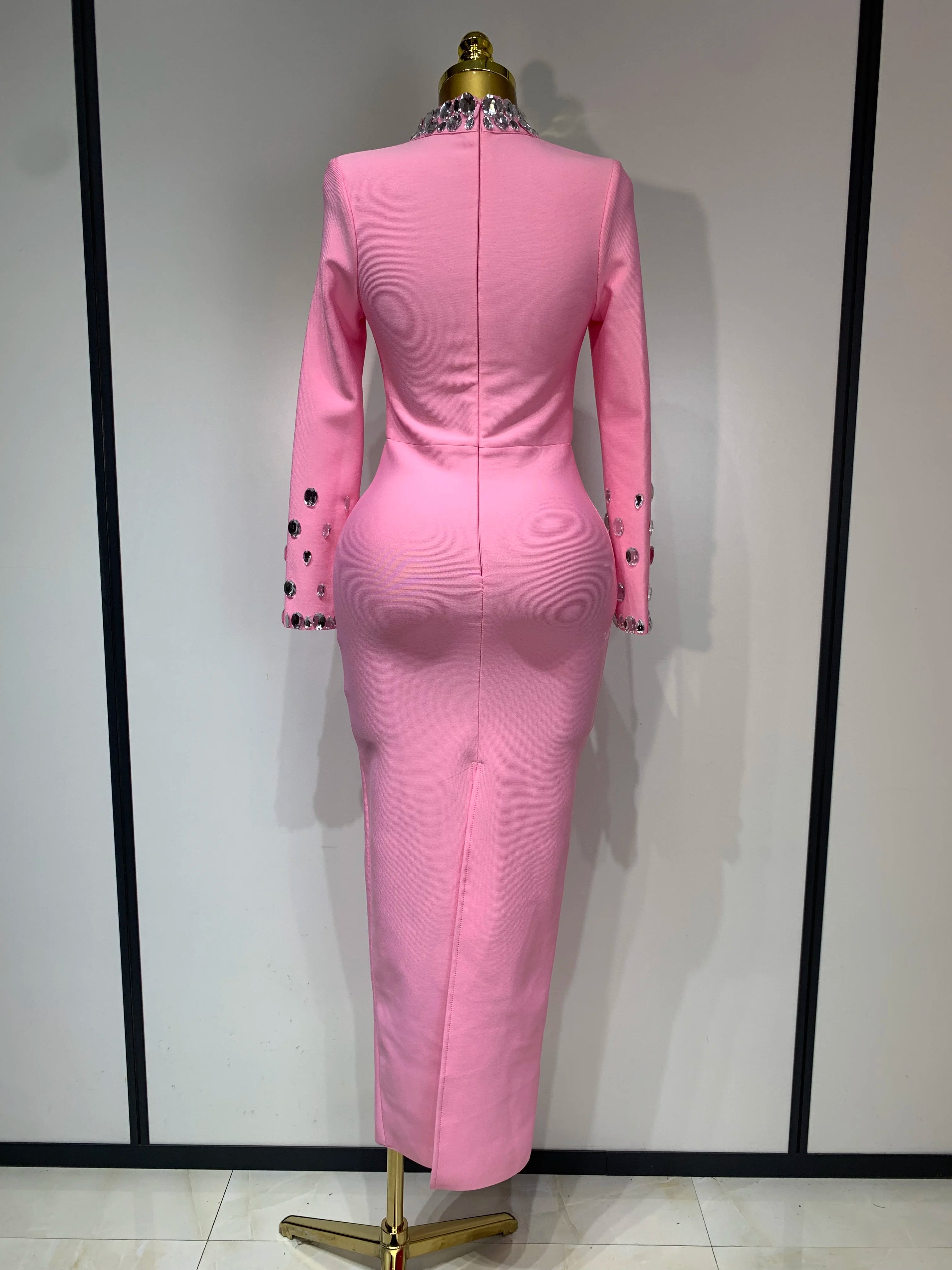 New Arrival 2025 Luxury Birthday Dresses Diamond Long Sleeve Pink Bodycon Bandage Dress Women Wedding Evening Prom Gowns