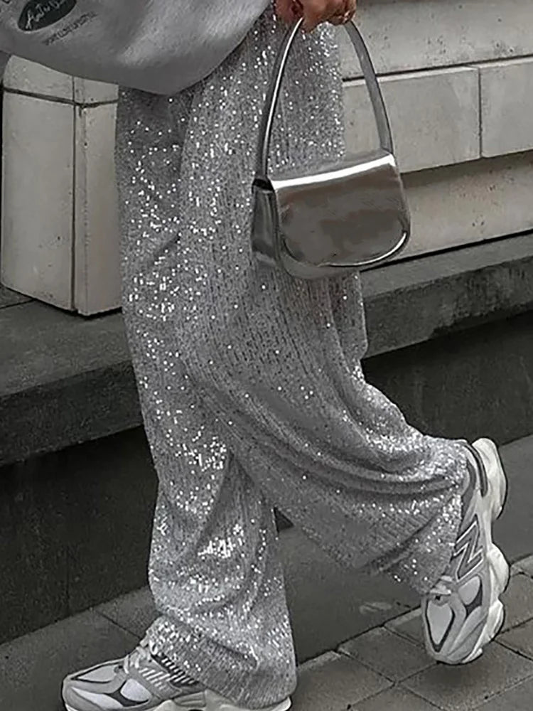 Loose Fit Elastic Waist Sequined Pants Casual Women Patchwork Silver Long Pants All Matching Femme Floor Length Pants