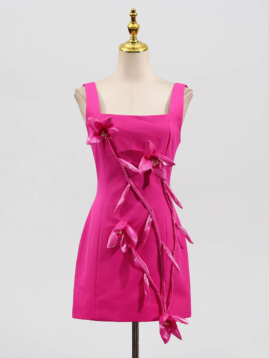TWOTWINSTYLE Rose Slimming Spliced 3D Flower Mini Elegant Dresses for Women Square Neck Sleeveless Dress Female Fashion Clothing