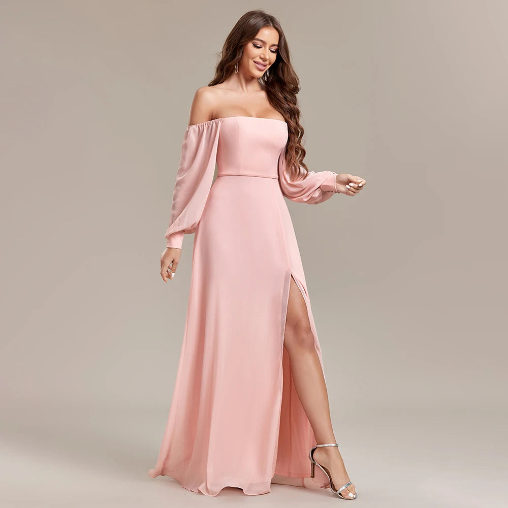 Women Strapless Pink Long Sleeved Bridesmaid Dresses Chiffon Free Wear Square Neck Party Gown Elegant Party Dress For Wedding