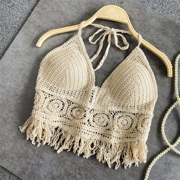 Retro Tops Wild Hollow Perspective Tassel Sexy Spaghetti Strap Women Built In Bra Back Lace Halter Neck y2k clothes corset top Beige 1 Fits 40-75kg