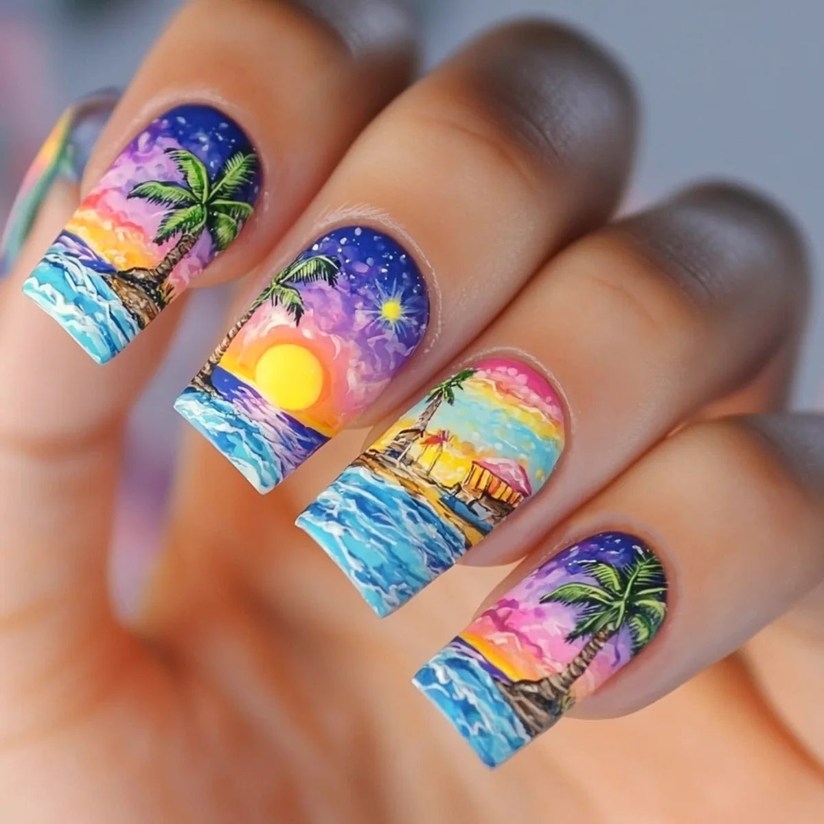 24 peças unhas postiças quadradas estilo feriado, pó azul degradê com padrão de coqueiro, unhas postiças de pressão, ponta de unha francesa usável