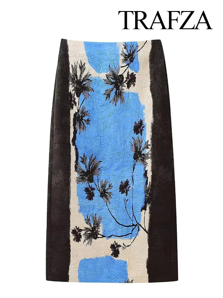 TRAFZA Summer New Fashion Holiday Printed Midi Long Skirt Zipper High Waist A Line Straight Skirts Vent Back Female Y2K