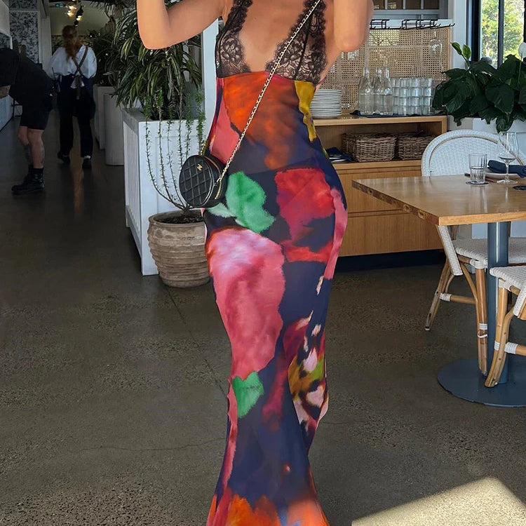 JULISSA MO Elegant Tie Dye Floral Chiffon Dress Summer Sexy Women Backless Lace Bodycon See Through Beach Party Vestidos as photo