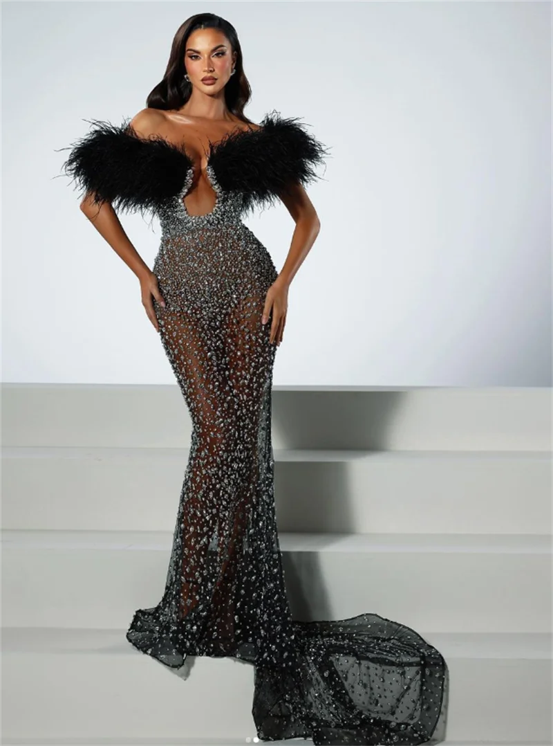 Luxury Feather Dazzling Diamonds Sexy Mesh See Through Black Floor Length Dress Goddess Evening Party Dress Red Carpet Vestido