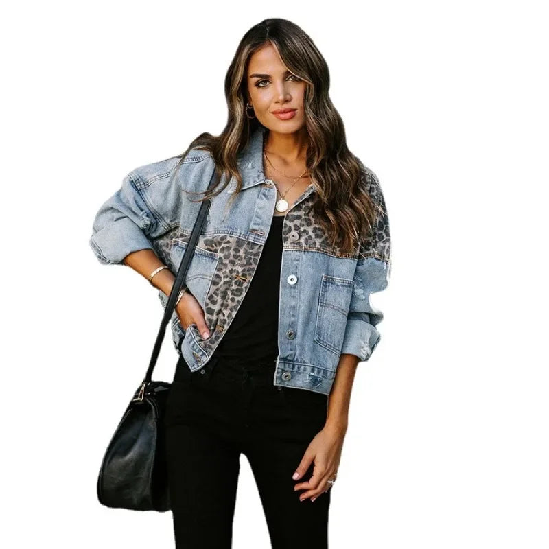 Denim Top Casual Coat jackets denim jacket women New Leopard Pattern Fashion Print Splice Perforated