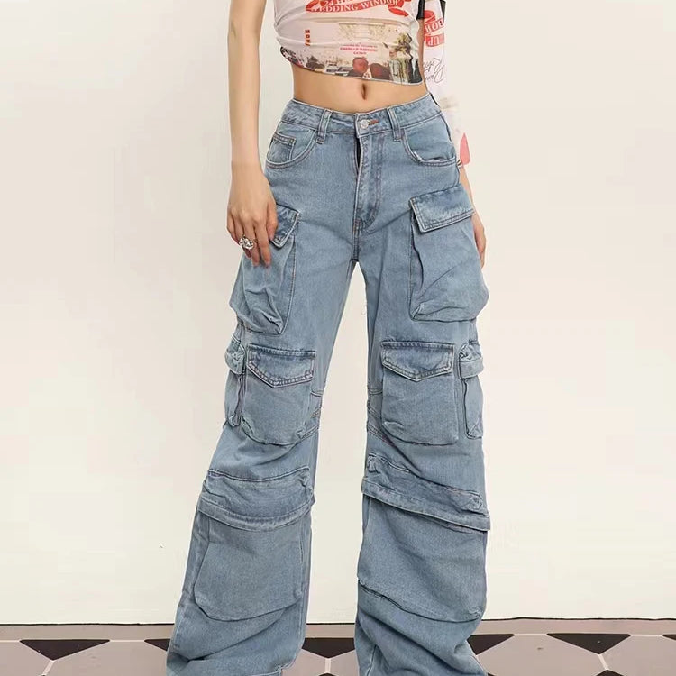 Grunge Punk High Street Style Oversized Cargo Jeans Women Spring Autumn Y2K Korean Fashion Pockets Loose Denim Boyfriend Pants Light Blue