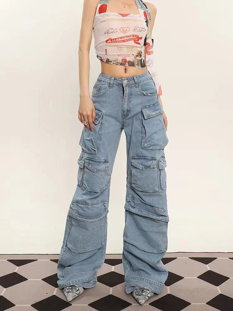 Grunge Punk High Street Style Oversized Cargo Jeans Women Spring Autumn Y2K Korean Fashion Pockets Loose Denim Boyfriend Pants Light Blue