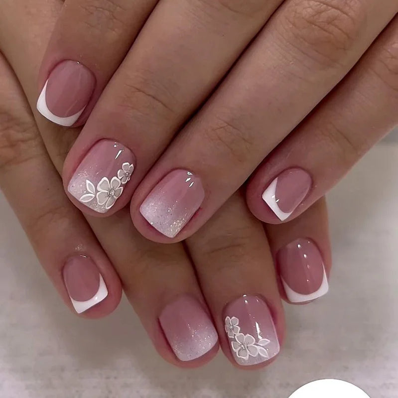 24Pcs Gradient White Fake Nail with Flowers Pattern Design Simple French False Nails Tips Short Suqare Head Press on Nails