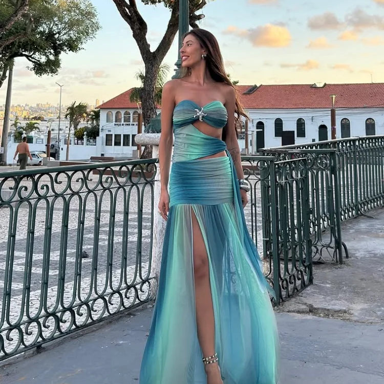 Vestido azul chique com degradê vazado para mulheres, elegante, com recorte em malha, fenda alta, ombro de fora, vestidos de festa para mulheres, verão