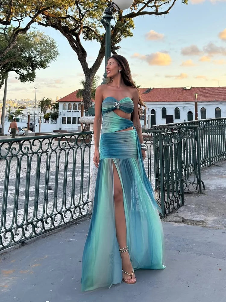 Vestido azul chique com degradê vazado para mulheres, elegante, com recorte em malha, fenda alta, ombro de fora, vestidos de festa para mulheres, verão