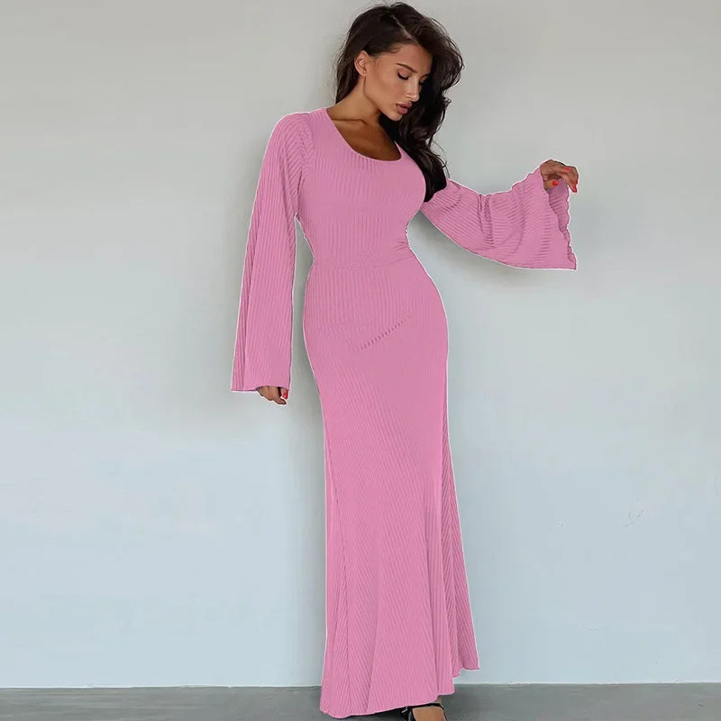 Tossy Scoop Neck Lace-Up Ribbed Maxi Dress Female Long Sleeve Fashion Slim Loose Bandage Dress Autumn 2024 Solid Women Dress New Pink