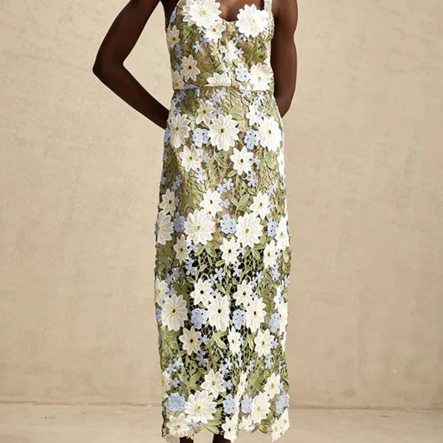 TWOTWINSTYLE Colorblock Slimming Fashion Midi Dresses for Women Square Neck Sleeveless Patchwork Applique Dress Female Clothing