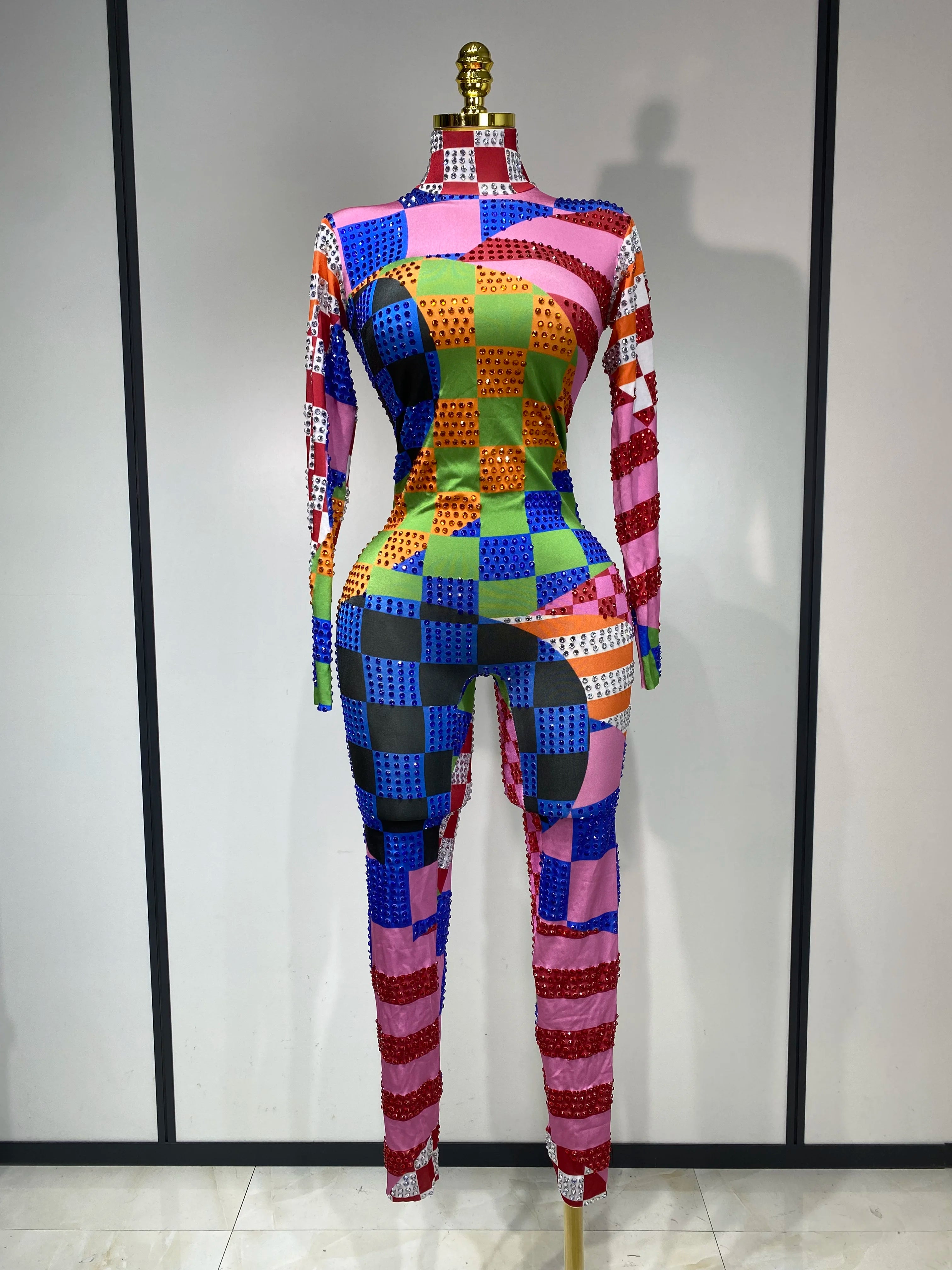 Macacão feminino com strass brilhantes e estampa colorida, sexy, manga comprida, traje para dança, palco, festa à noite, roupa de clube
