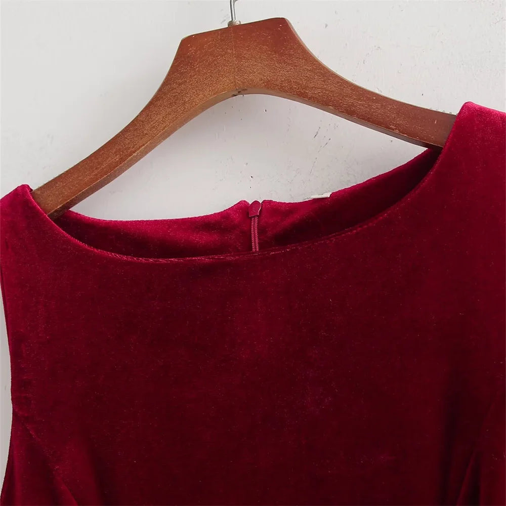 UNIZERA Retro Style Bow Tie Velvet Dress Winter Round Neck Sleeveless Solid Color Slimming Short Skirt