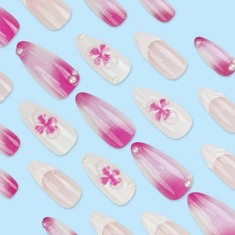 24Pcs Fashion Purple&White 3D Flower Press-On Nails Almond Shaped Glossy French Nail Tips for Daily Wear Suitable for All Ladies