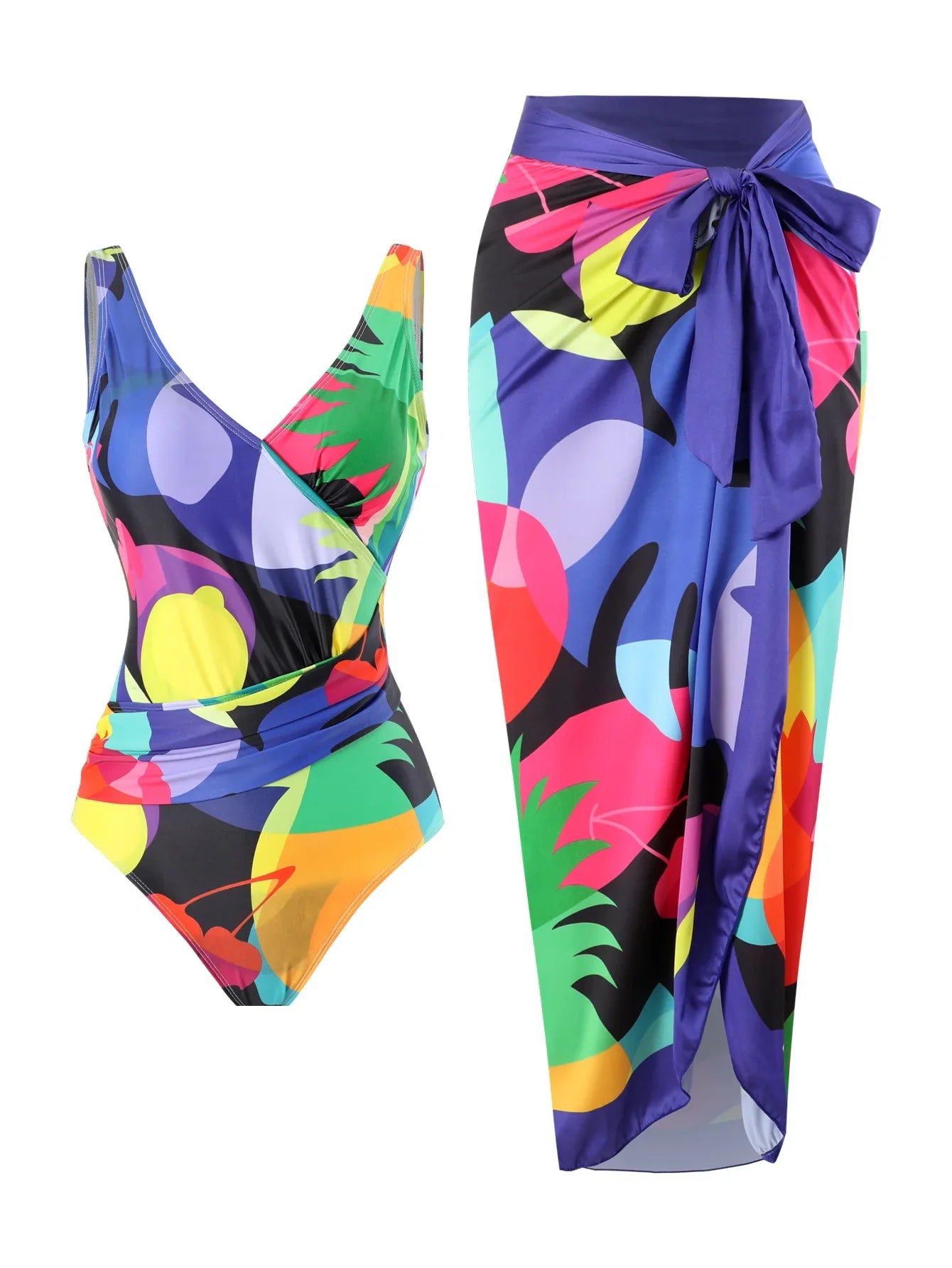 Elegant Blue Leaf Printed One Piece Swimsuit Woman Fashion High Waisted Hanging Neck Swimwear French Covered Belly Bikini F-Suit