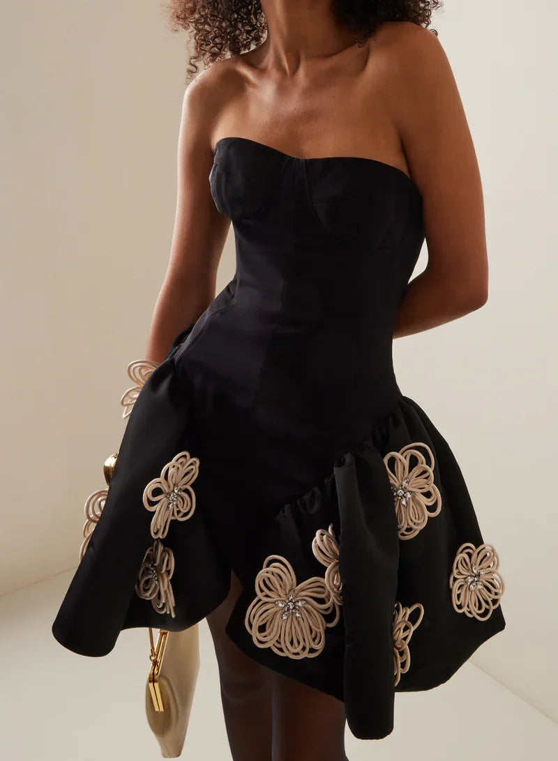 Black Color Women Sexy Strapless Florals Ball Gown Mini Bandage Dress Fashion Birthday Party Celebrate Evening Dress Vestido