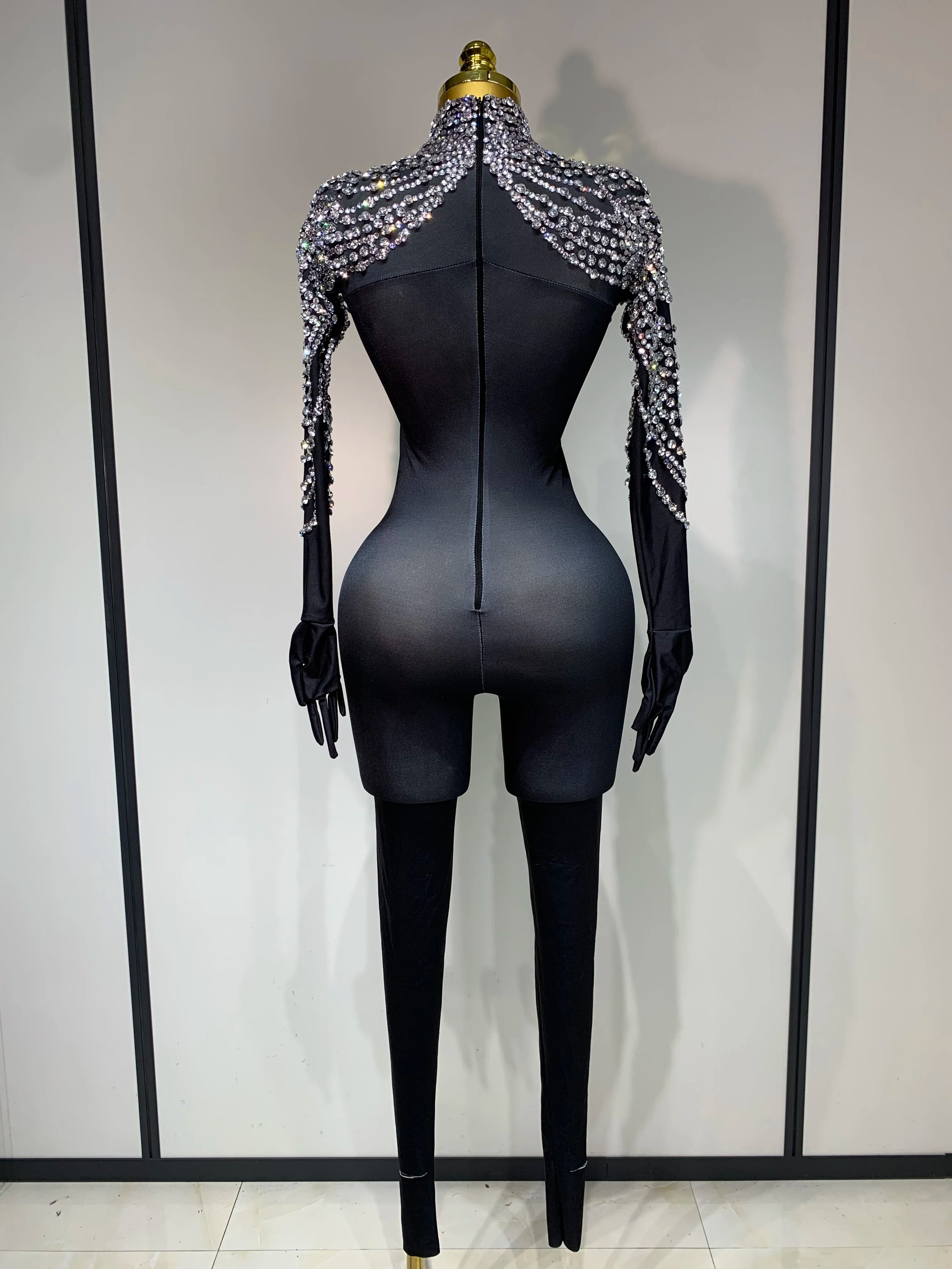 Stock Women Sexy Nightclub Evening Party Drag Queen Singer Dancer Stage Performance Costume Luxury Rhinestone Stretch Jumpsuit