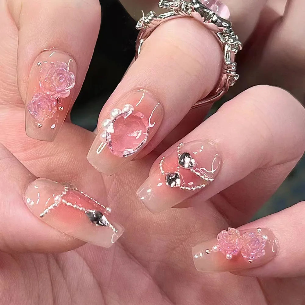 24Pcs Pink Camellia 3D False Nail Art Full Cover Dreamy Cat's Eye Finished Fashion Nail Stickers Wearable Medium Sweet Manicure