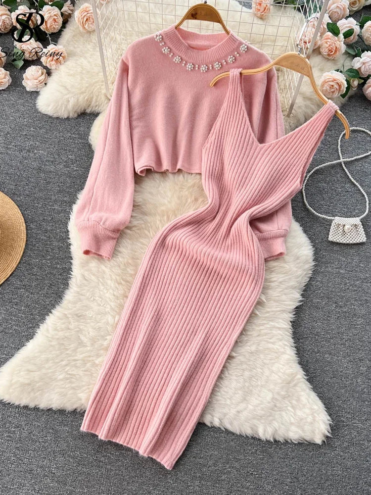 Korean Fashion Knitted Dress Sets Women Elegant Long Sleeve Pearl Sweater+Knitted Camis Dress Sets Sweater Casual Pullovers Suit pink One Size
