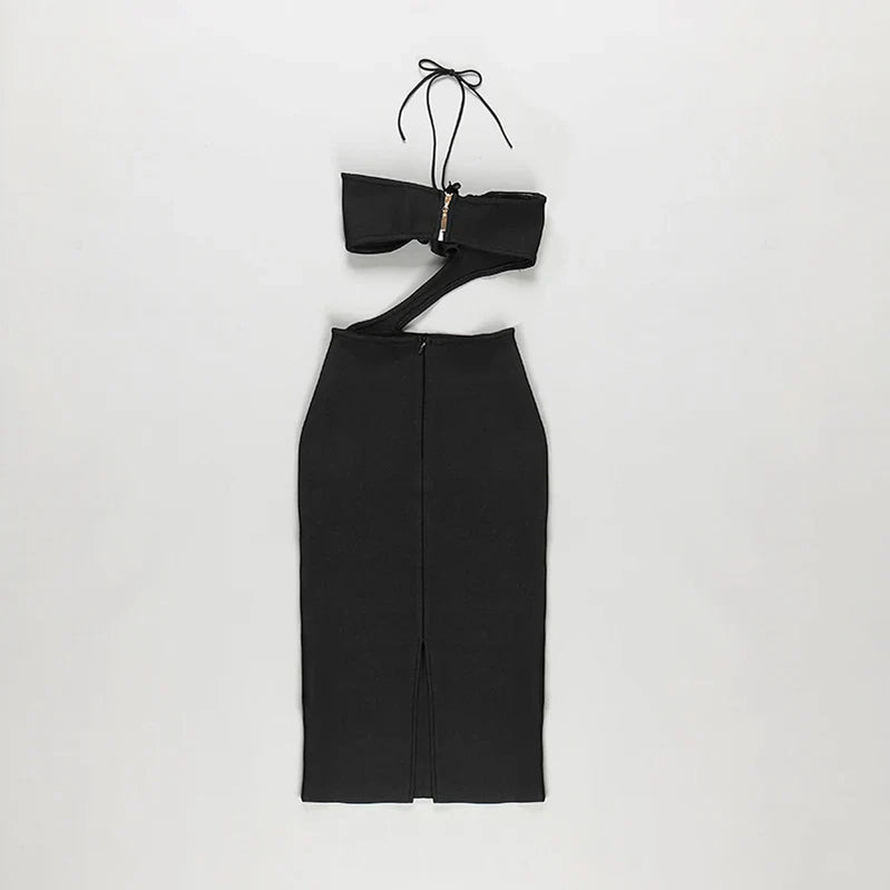 Black Color Women Sexy Halter Bodycon Midi Dress Rayon Bandage Fashion Runway Sexy Nightclub Party Dress High Quality