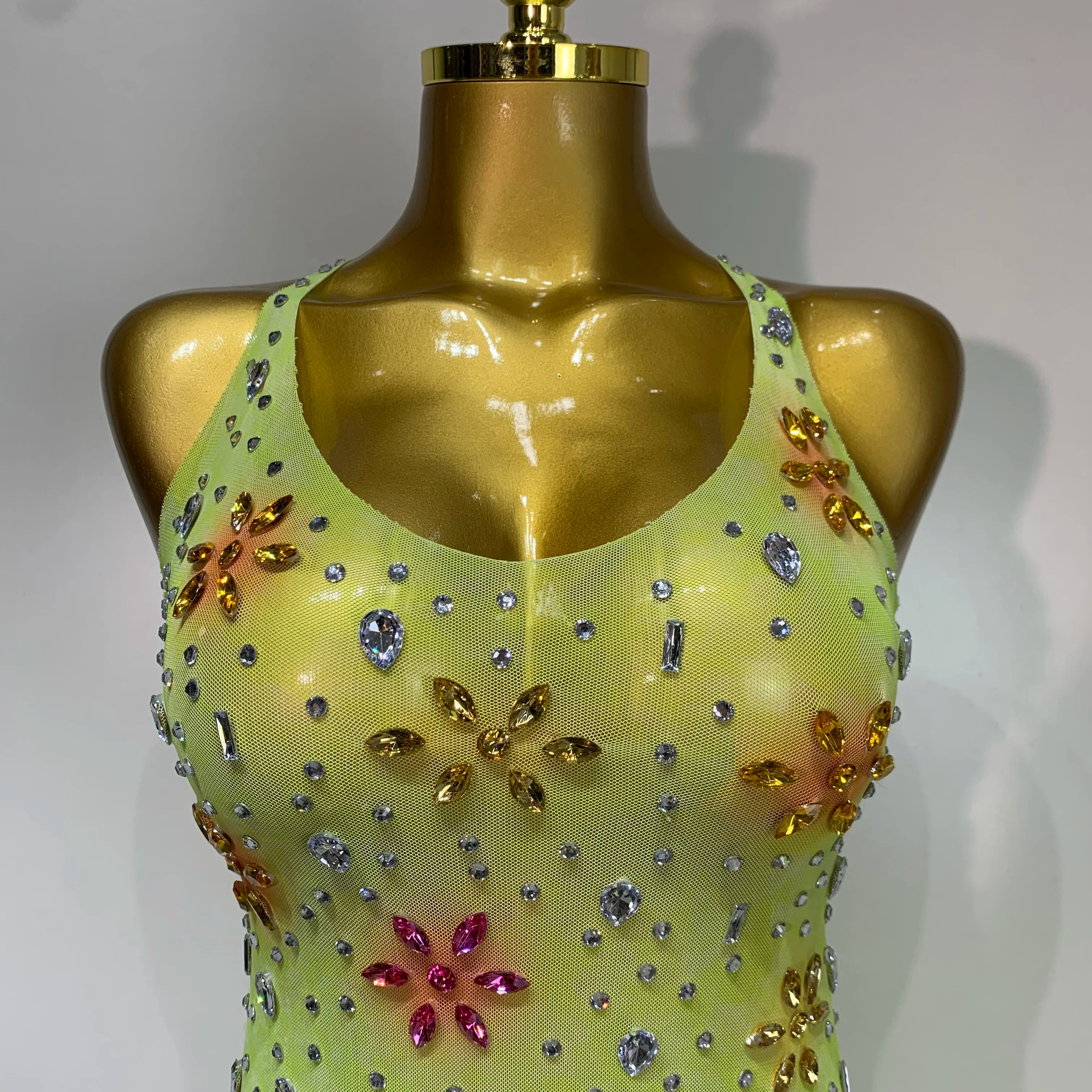 Women Sexy Mesh See Through Stretch Sparkly Rhinestone Performance Costume Stage Dancer Nightclub Party Luxury Birthday Dress