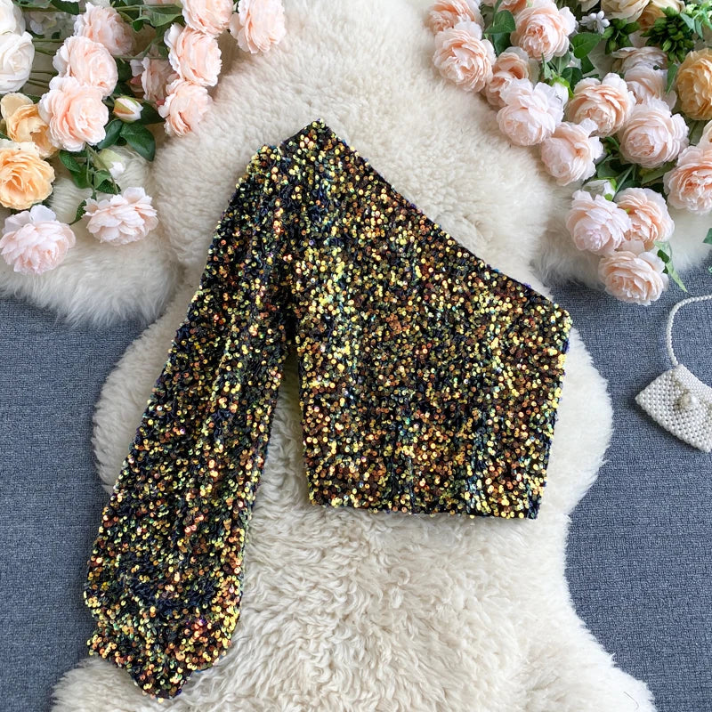 Fall 2024 Oblique Collar T-shirt Strapless Unilateral Puff Sleeve Slim Fit Short Sequined Top Gold One Size