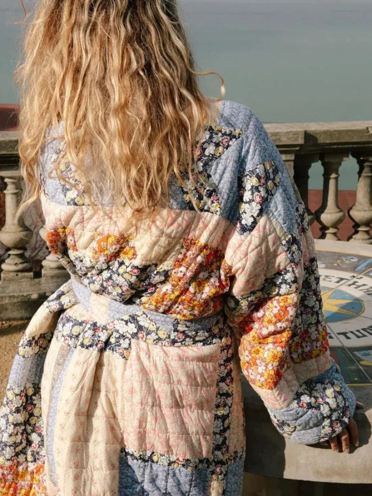 ZBZA Women's Fall Winter New Belted Long Quilted Print Jacket Coat Lapel Long Sleeve Single Breasted Long Padded Warm Outerwear