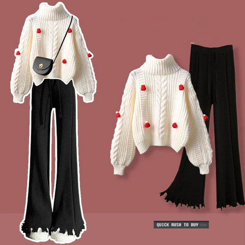 Women Fashion Red Pompom Turtleneck Sweater Pants 1 or 2 Piece Set 2023 Christmas Knit Tops Trouser Outfits Lady Daily Knitwear Set D
