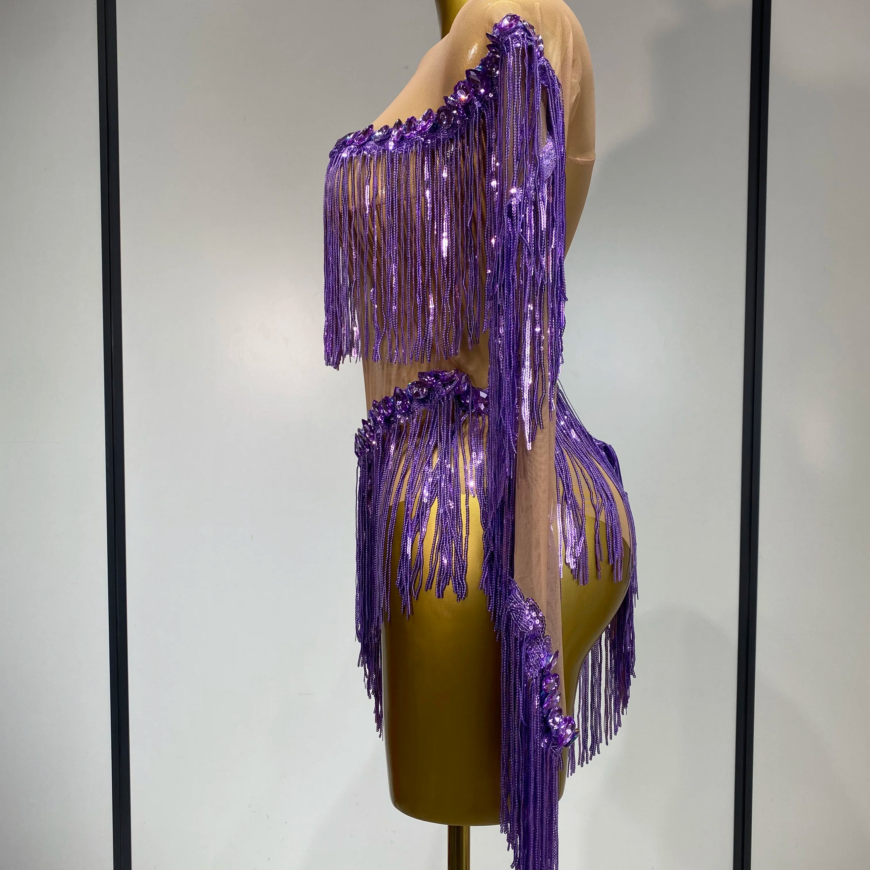 Sparkly Tassel Rhinestones Long Sleeves Sexy Stretch Mesh See Through Bodysuit Women Nightclub Stage Singer Perform Costume