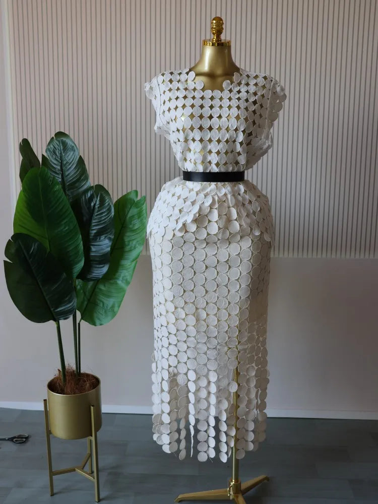 CM.YAYA Women Cutout O-neck Crop Top and Bodycon Midi Slim Maxi Long Skirt Suit 2025 Summer Vacation Sexy Two 2Piece Set Outfits white-Apricot-belt One Size