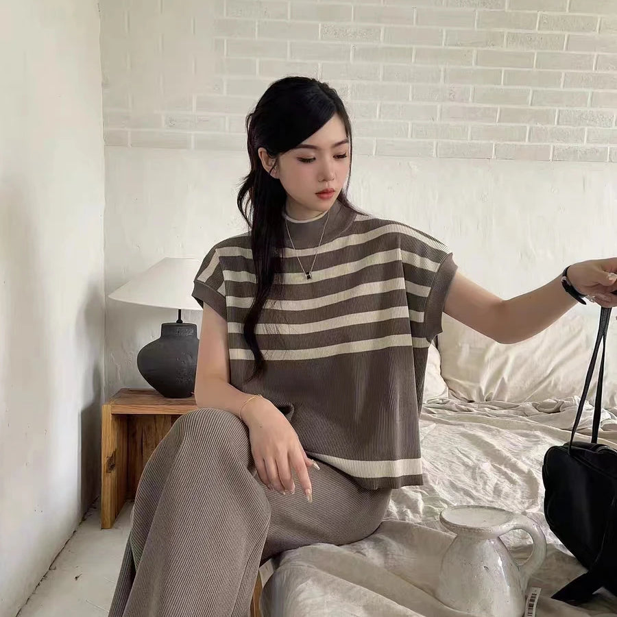 Spring Women Sweater Set Casual Pullovers Suits Winter Knitted Loose Striped Sleeveless Elegance Tops Wide Leg Pants