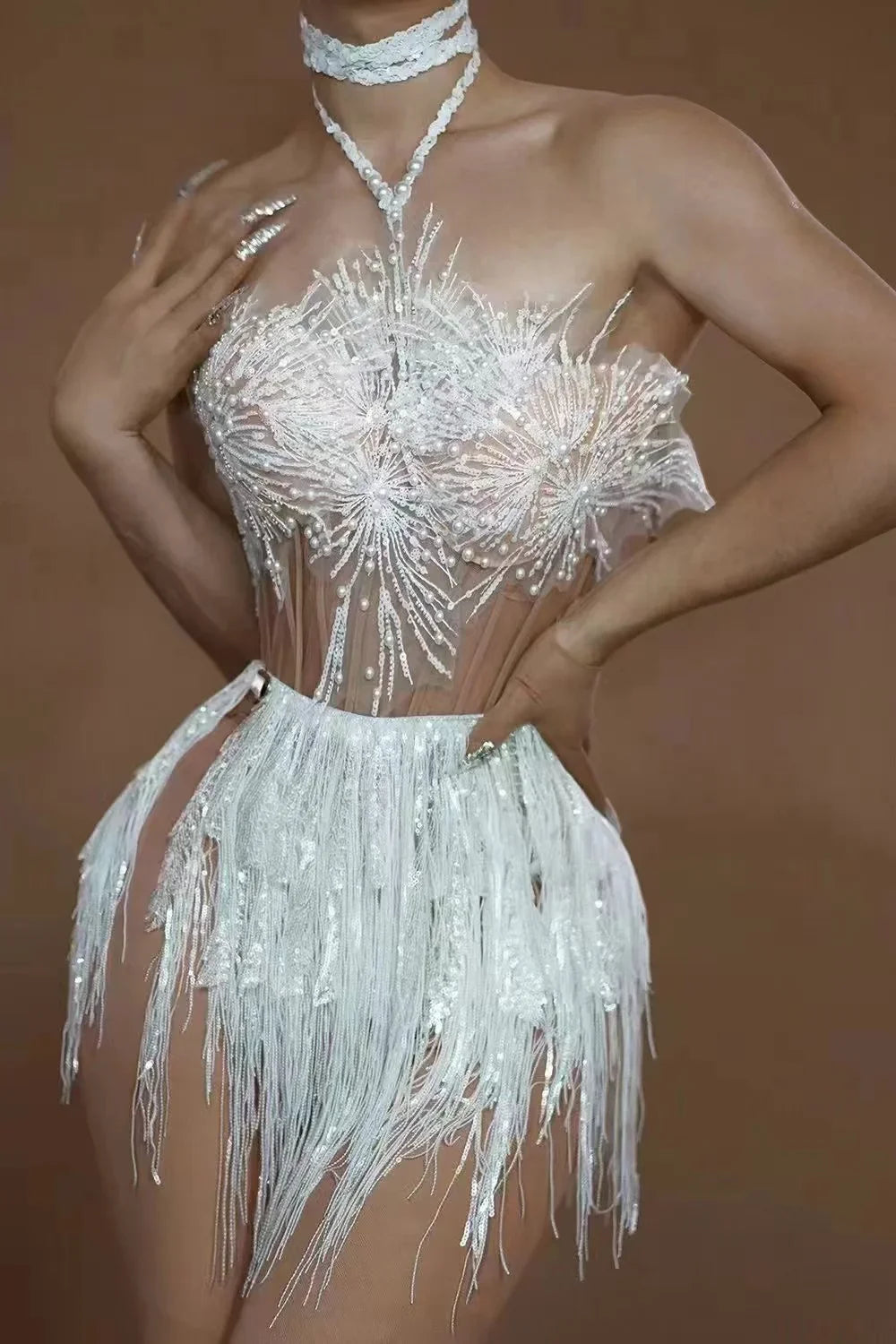 STOCK Women Sexy Off the Shoulder Shinning Sequins Tassels Bodycon Mini Dress 2 Pieces Celebrate Nightclub Performance Costume