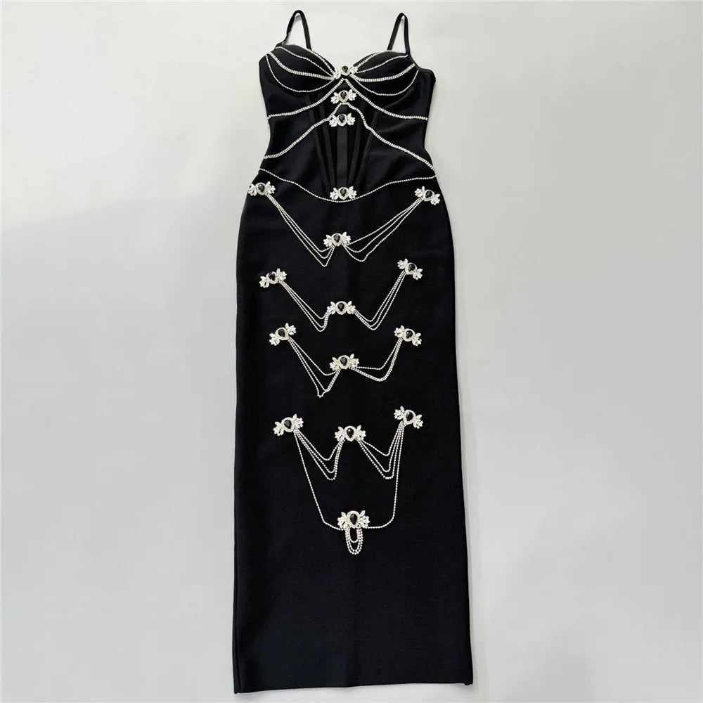Black Color Women Sleeveless Sexy V-Neck Shinning Diamond Chain Bodycon Long Bandage Dress Evening Party Celebrate Outfit