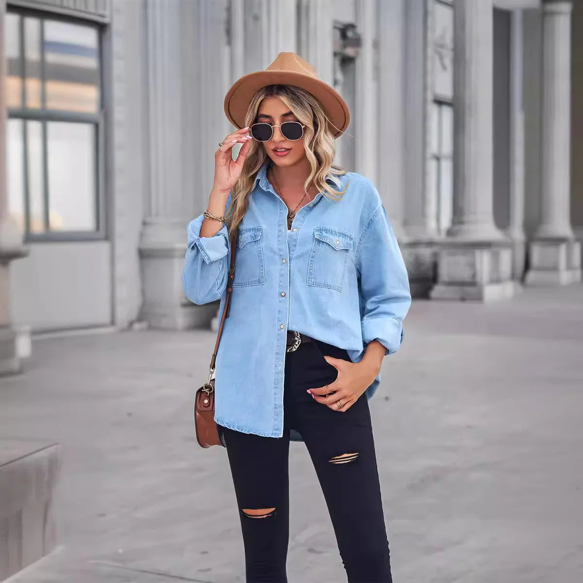 Women Button Down Denim Shirt Casual Long Sleeve V Neck Chambray Blouse Top Boyfriend Style Loose Fit Daily Wear Jean Shirts light blue