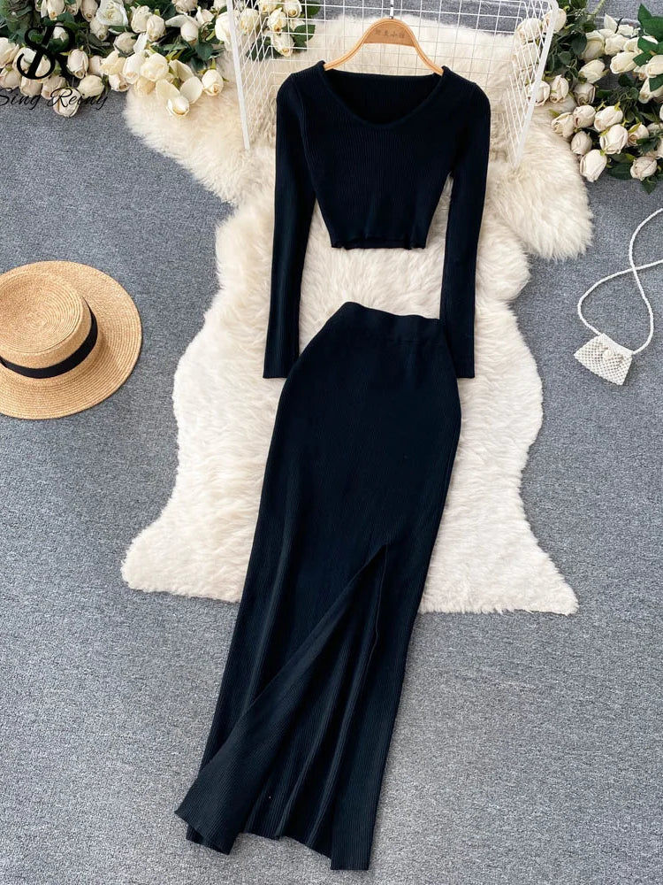 SINGREINY Autumn Sweater Two Pieces Suits Long Sleeves Knit Top+ Elatic Waist Slim Split Long Skirt Sets Women Warm Knitted Suit black One Size