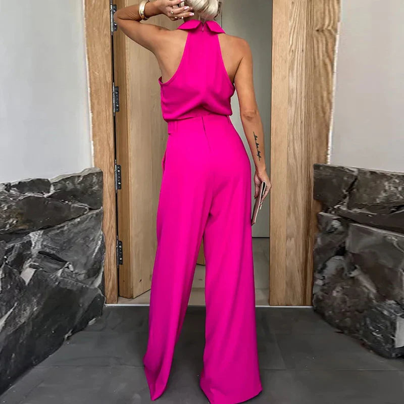 Sexy Off Shoulder Hight Waist Jumpsuit Women Casual Sleeveelss Wide Legger Solid Romper Elegant Pleated Loose Long Playsuit