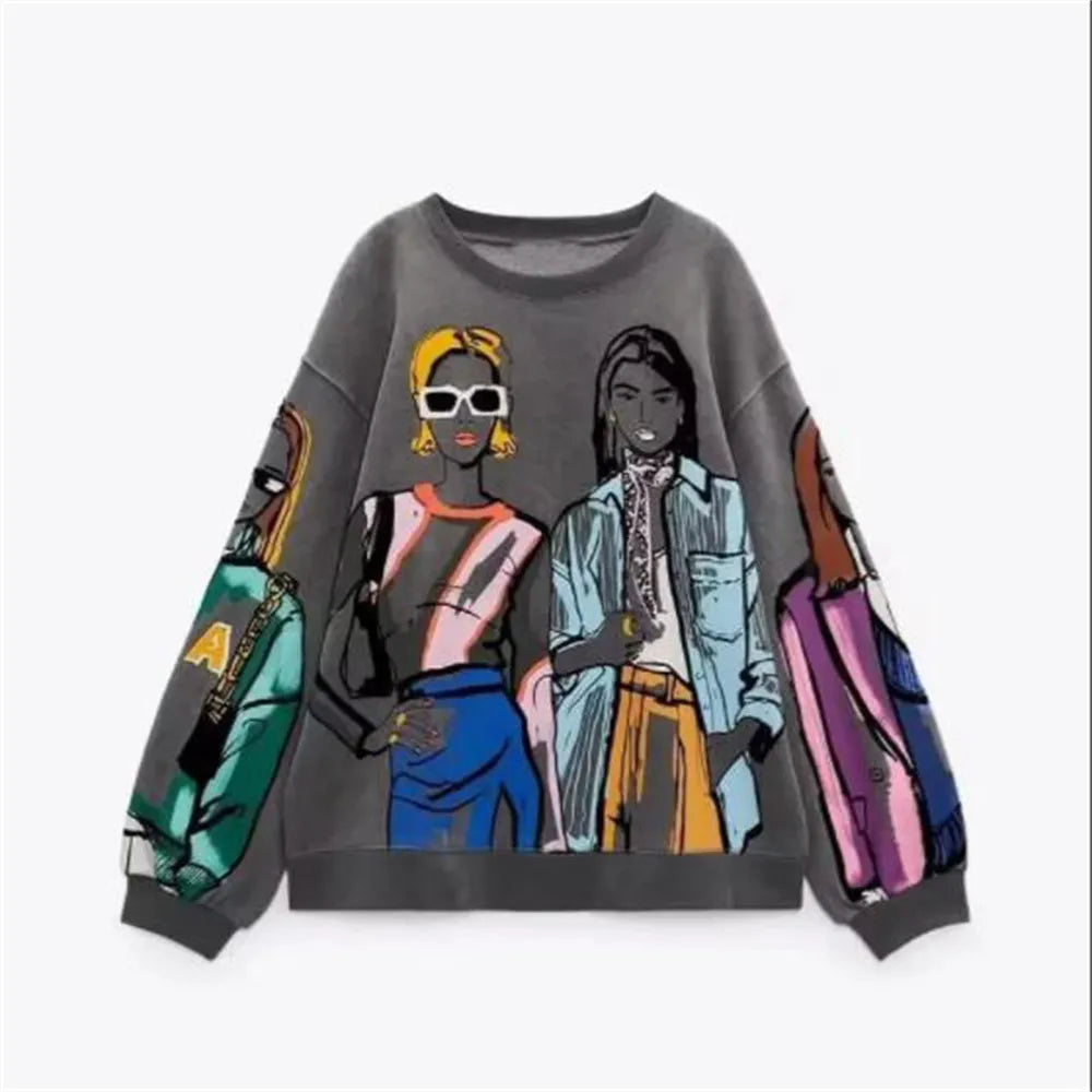 Autumn/Winter Women's New Fashion Casual Loose Versatile Round Neck Long Sleeve Printed Sweater Dark Grey