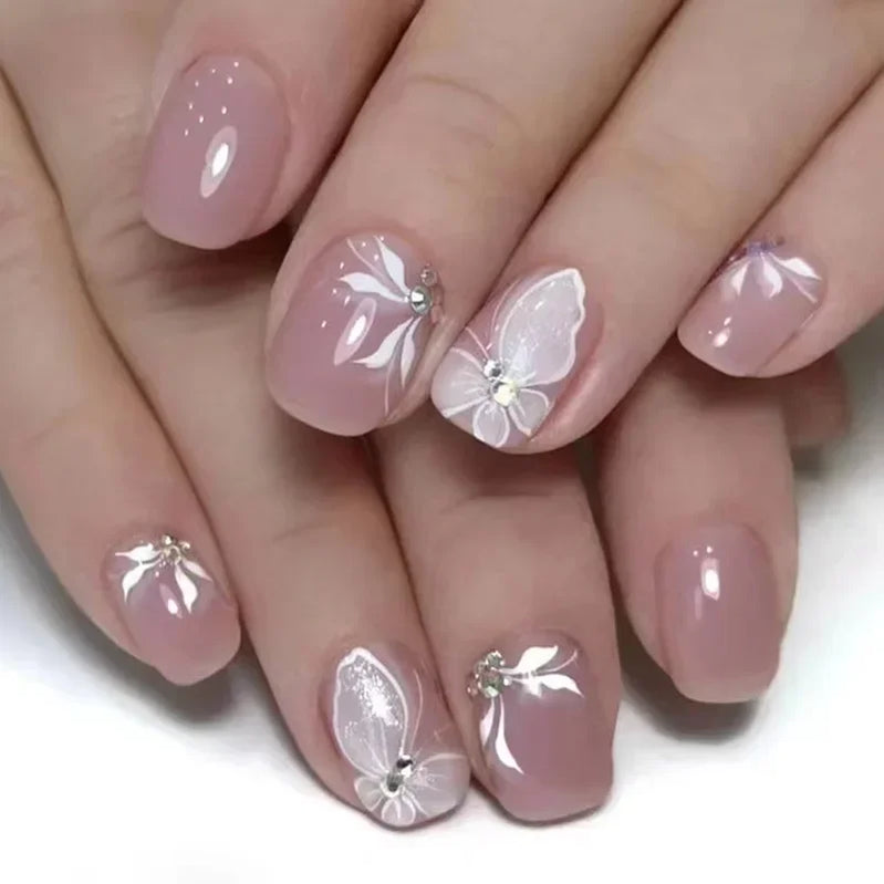 24 peças unhas curtas retrô com design de flores, arte para manicure, unhas postiças rosa, unhas postiças quadradas vestíveis, pontas de unhas com cobertura total