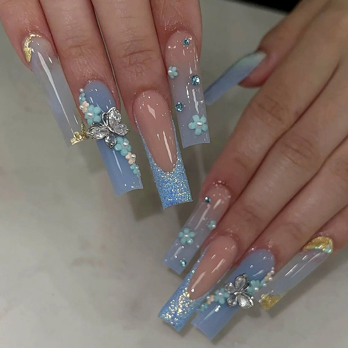 24pcs/set Long Medium short fake nails for women girls cute bow flowers decoration french tips faux ongles press on false nail