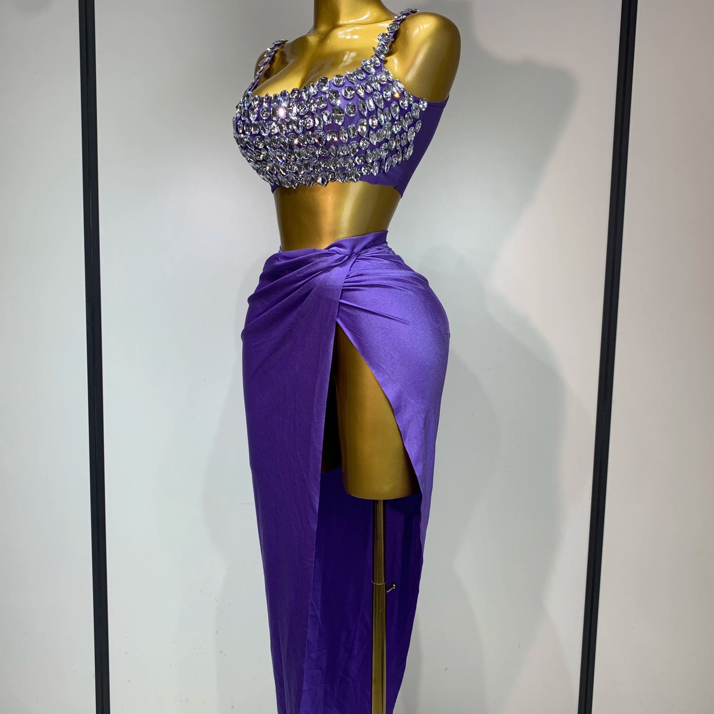 Women Sexy Two Pieces Set Stretched Crystal Diamonds Nightclub Singer Dancer Stage Performance Costume Evening Party Skirt Suits