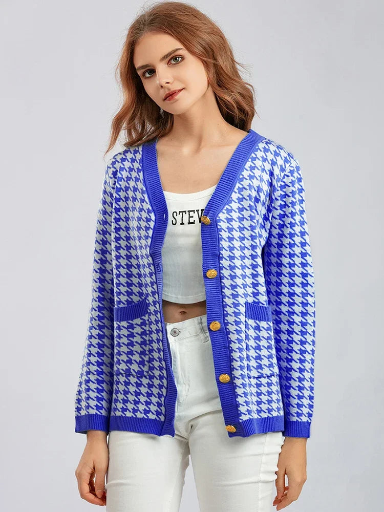 Houndstooth Cardigans Long Sleeve Sweater Women Autumn Winter Clothes Open Stitch Female Outwear Streetwear Knitted Cardigan