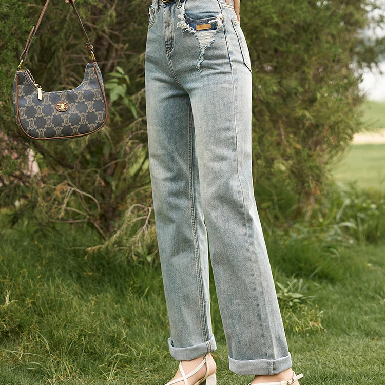 Women's Straight Leg Jeans Summer Denim Retro High Waist Contrast Color Pockets Dilapidated Casual Pants