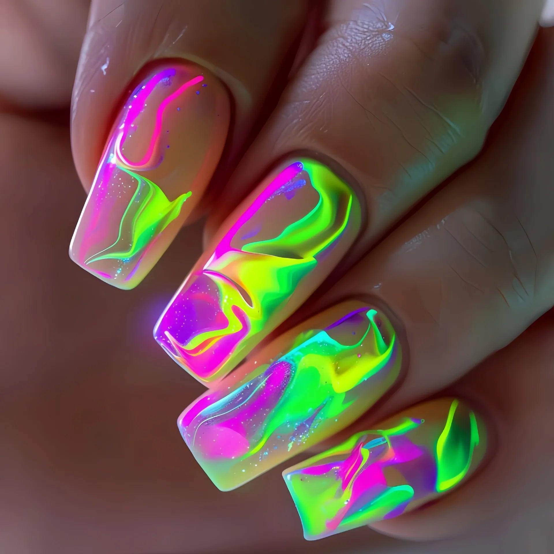 24Pcs Lightning Stripe Smudging Press on Fake Nails Mid-length Square Head False Nails Green Wearable Fashion Full Nail Art Tips